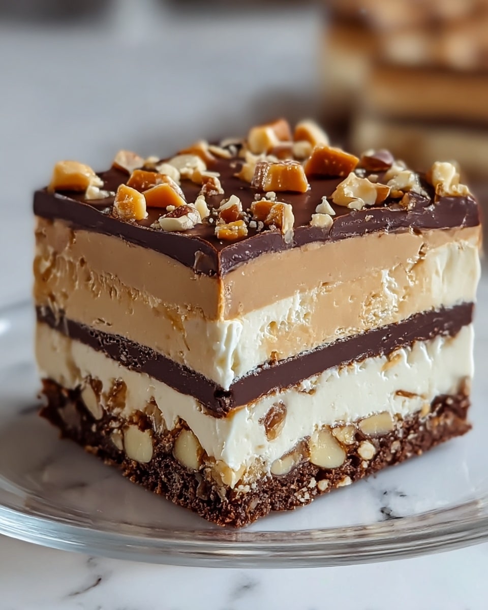 A close-up of a square dessert bar with five visible layers on a clear plate on a white marbled surface. The bottom layer is a dark brown crumbly crust with embedded chunks. Above that is a light brown creamy layer, then a thin dark chocolate layer with small nut pieces. Next is a thick white creamy layer with scattered nut bits inside. The topmost layer is a glossy dark chocolate ganache, sprinkled with chopped nuts and caramel pieces. photo taken with an iphone --ar 4:5 --v 7