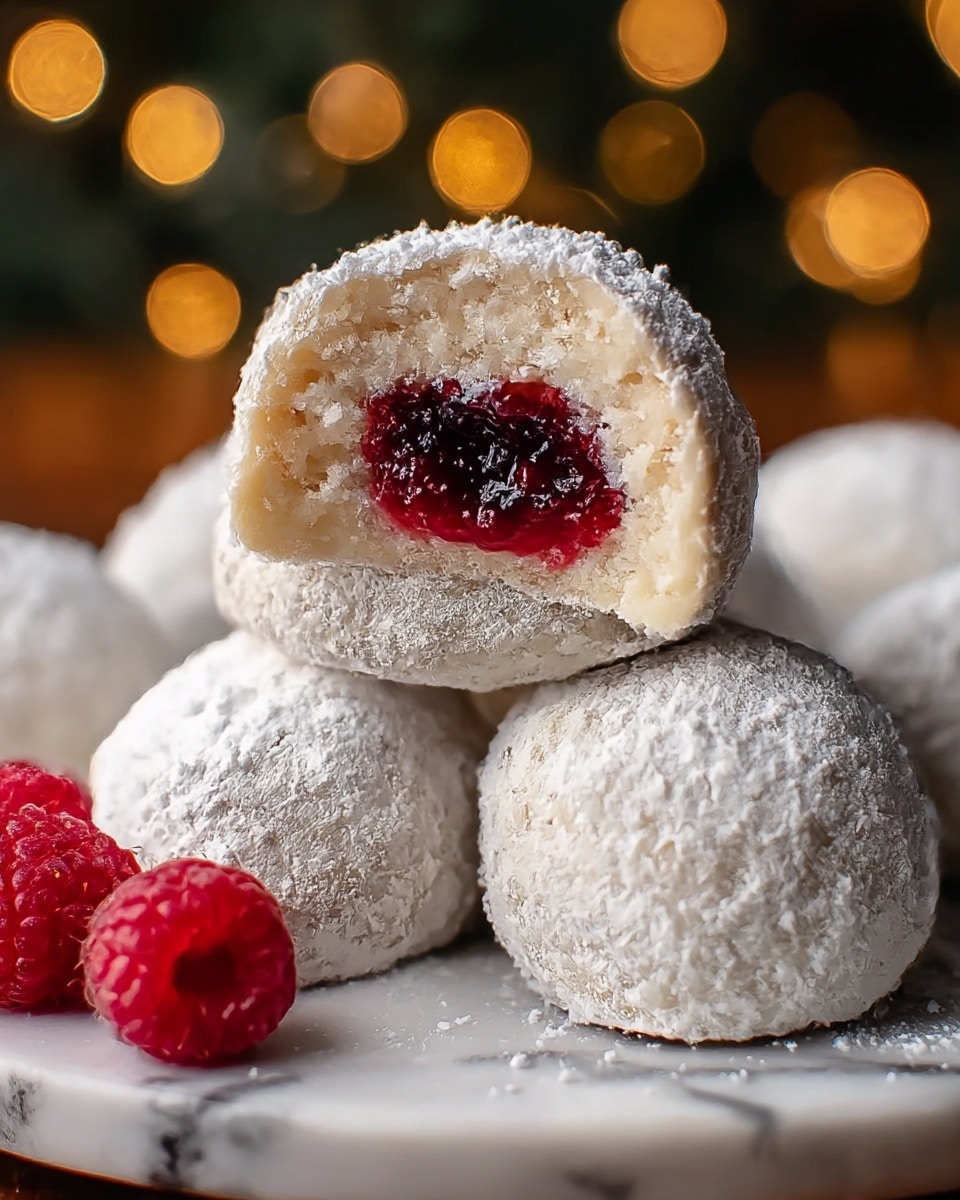 A close-up of four round snowball cookies covered in a thick layer of white powdered sugar, stacked on a plate with a white marbled texture underneath. One cookie is cut in half and placed on top, showing a soft, crumbly outer layer in off-white and a bright red, glossy jam filling inside. The cookies have a rough, textured surface from the powdered sugar, and there are a few fresh red raspberries beside them, adding a pop of color. The background is softly blurred with warm bokeh lights. Photo taken with an iphone --ar 4:5 --v 7