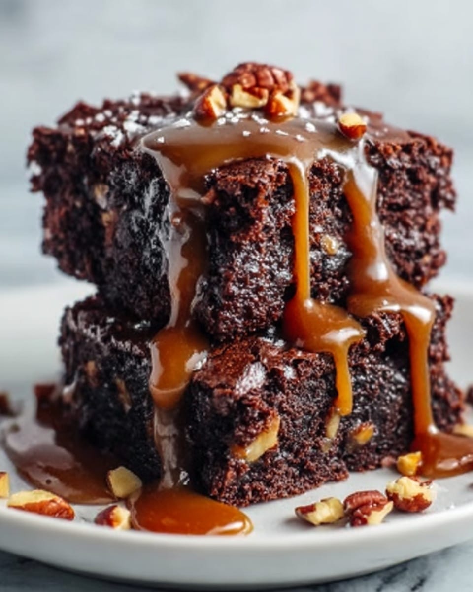The image shows two thick, dark brown brownies stacked on top of each other on a white plate. The top brownie is dripping with shiny caramel sauce that flows down the sides, and small pieces of nuts are scattered on top and around the brownies. The brownies have a dense, moist texture with visible bits of chocolate and nuts inside. The background is a white marbled surface, creating a clean and bright look. photo taken with an iphone --ar 4:5 --v 7