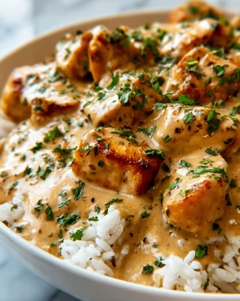 The image shows a close-up of a dish with a base layer of white rice, topped by pieces of golden-brown chicken. The chicken is covered in a creamy, light brown sauce with a smooth texture. Fresh, chopped green herbs are sprinkled on top, adding a touch of color and freshness. The overall look is warm and appetizing, with a focus on the creamy sauce and well-cooked chicken. The background is a white marbled texture. Photo taken with an iphone --ar 4:5 --v 7