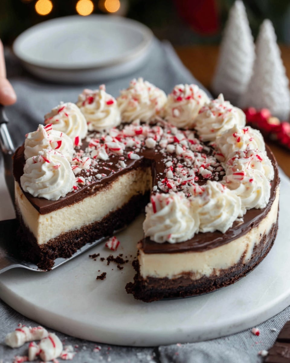 A round cheesecake with a dark chocolate crumb crust is placed on a black serving plate. The cheesecake has a creamy off-white filling topped with a smooth layer of glossy chocolate ganache. Around the edge, there are eight white whipped cream swirls decorated with small pink and white candy pieces. The top center is sprinkled with crushed peppermint candies adding a touch of red and white. A slice is cut out, revealing the crust, creamy filling, and chocolate top clearly. The scene is set on a white marbled surface with soft, warm lighting in the background. Photo taken with an iphone --ar 4:5 --v 7