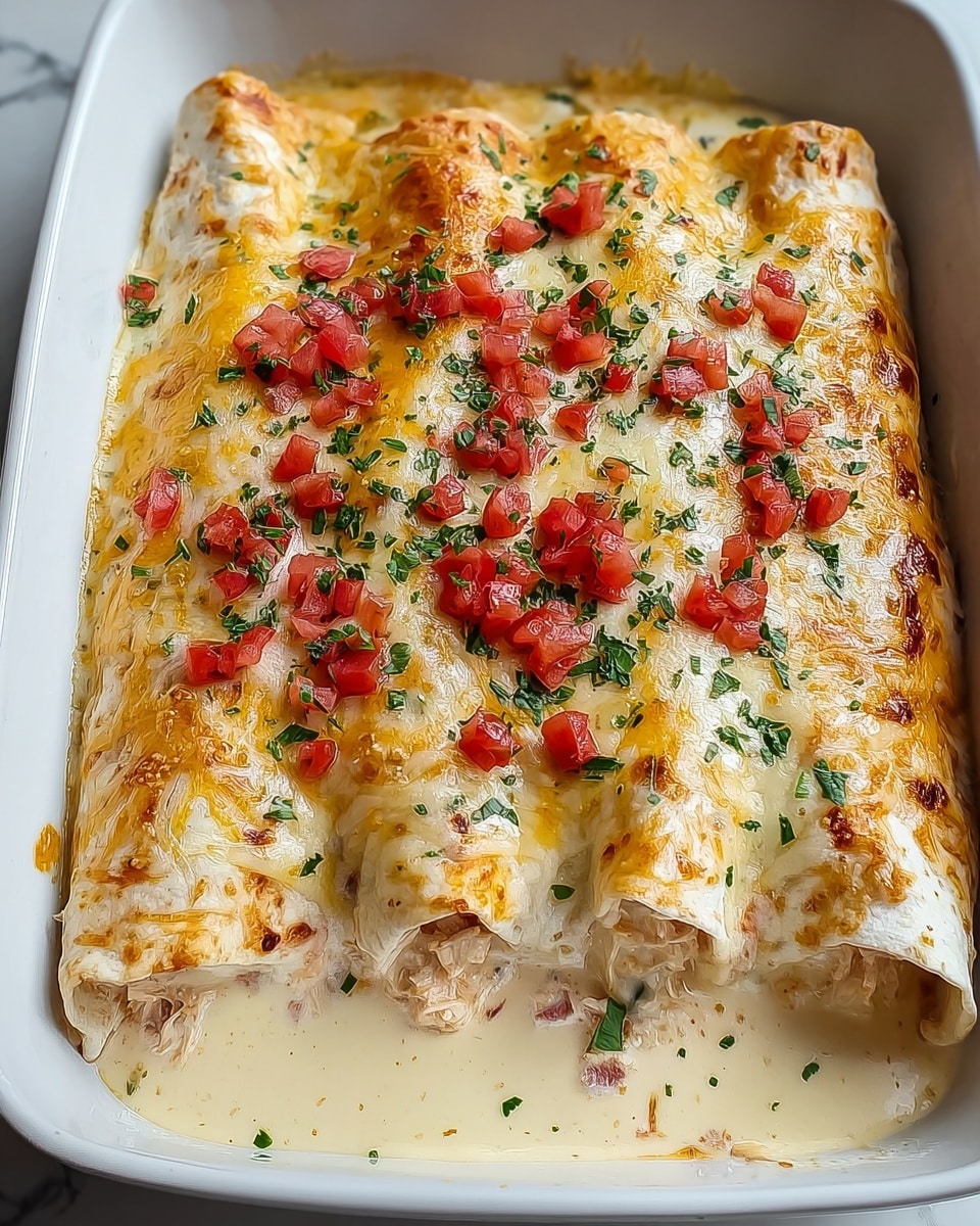 The image shows three rolled enchiladas side by side in a white rectangular dish, covered in a creamy, slightly yellow cheese sauce with melted bubbly cheese on top. The top layer has small pieces of red diced tomatoes and green chopped herbs sprinkled over it. The enchiladas are partially open at the front, revealing a creamy filling with visible strands of shredded chicken and bits of red pepper. The cheese sauce spreads around the enchiladas inside the dish, giving a rich and smooth texture. The dish is set on a white marbled texture surface. photo taken with an iphone --ar 4:5 --v 7