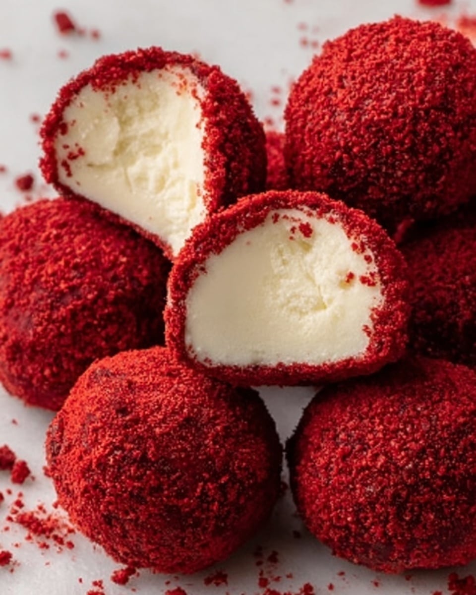 The image shows several round cake balls covered in bright red crumbs. Each cake ball has a smooth, creamy white filling inside, which looks soft and thick. One cake ball is cut in half and stacked on top of an uncut one, showing clearly the two layers: the outer crumb layer is rough and bright red, while the inside is smooth and white. The cake balls sit on a clean white marbled surface with a few red crumbs scattered around. The lighting highlights the texture and colors, making the red look rich and the cream filling look fresh and soft. photo taken with an iphone --ar 4:5 --v 7