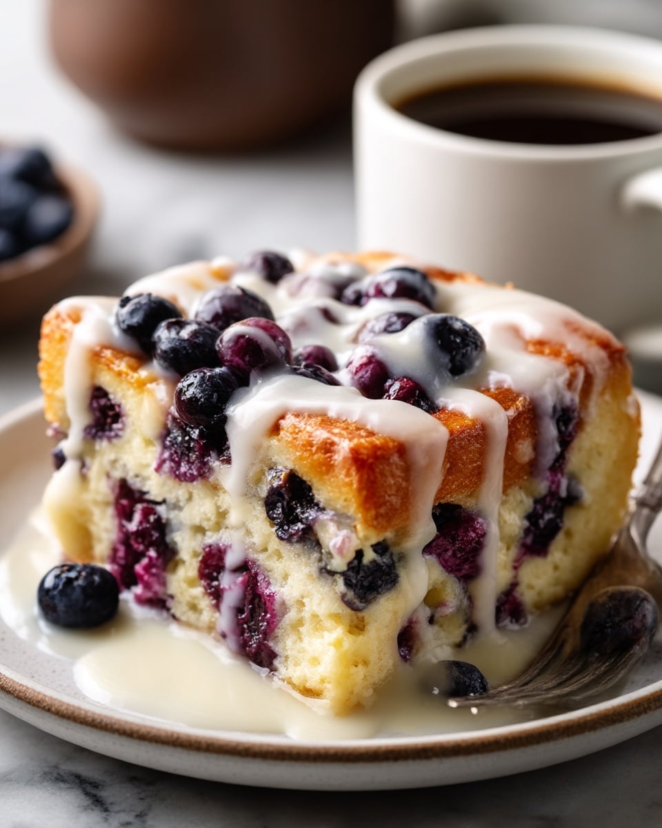 A white plate holds a thick slice of a baked berry dessert with three visible layers: the bottom layer is a golden, soft cake lightly soaked and studded with dark blueberries, the middle is creamy and pale with swirls of melted berries, and the top layer is golden brown with a sprinkle of powdered sugar and a generous pile of fresh blueberries. A glossy white glaze is drizzled over the top, dripping slightly down the sides. In the background, a white cup of coffee sits on a white marbled surface, adding a warm tone to the soft, natural light scene. photo taken with an iphone --ar 4:5 --v 7