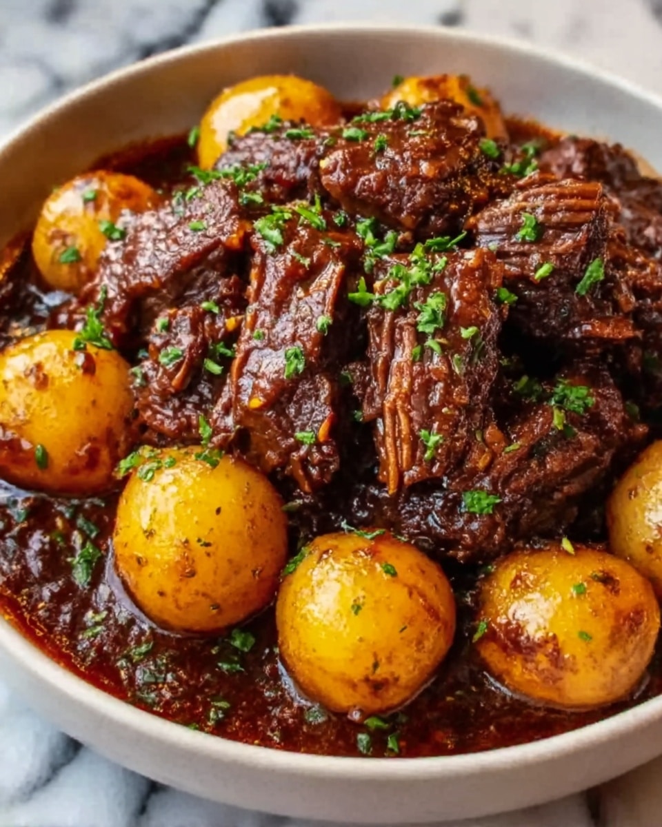 A white bowl filled with several chunks of dark brown, richly sauced beef placed on top, the sauce thick and glossy with visible herbs mixed in. Surrounding the beef are round, light brown baby potatoes coated lightly with the sauce. Small bits of green herbs are sprinkled over the beef and potatoes, adding a touch of freshness. The overall texture looks tender and juicy with the sauce clinging well to the meat and potatoes. The bowl sits on a white marbled surface. Photo taken with an iphone --ar 4:5 --v 7