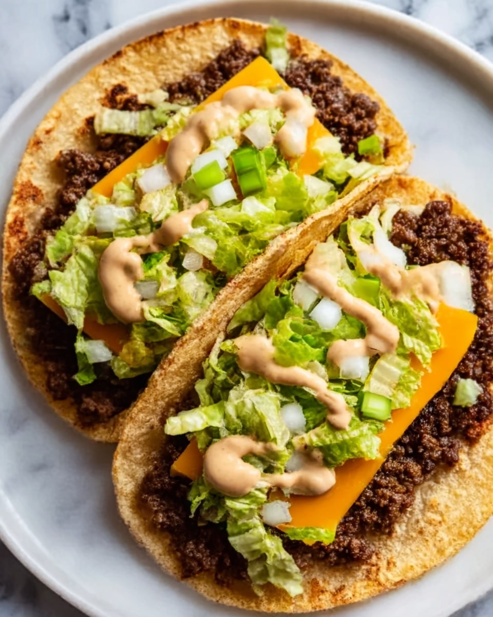 The image shows a close-up of three small tacos placed in a white bowl on a white marbled surface. Each taco has a soft, slightly toasted yellow corn tortilla base layered with crumbled cooked ground beef that looks moist and dark brown. On top of the beef, there is a bright orange slice of melted cheddar cheese, followed by a layer of fresh shredded light green lettuce and small white diced onions. The tacos are finished with a light brown creamy sauce drizzled in a zigzag pattern across the top. Photo taken with an iphone --ar 4:5 --v 7