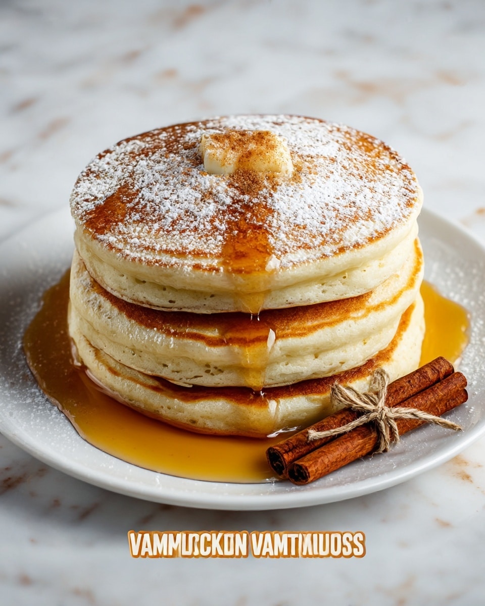 A stack of four thick vanilla cinnamon buttermilk pancakes sits in the center of a white plate on a white marbled surface. Each pancake is golden brown on top with a soft, fluffy, light beige side. The stack is topped with a small mound of light brown cinnamon sugar and a dusting of white powdered sugar. Amber syrup drips slowly down the edges of the pancakes, pooling around the base. To the right of the stack, three cinnamon sticks tied together with a natural string rest against the plate. Photo taken with an iphone --ar 4:5 --v 7