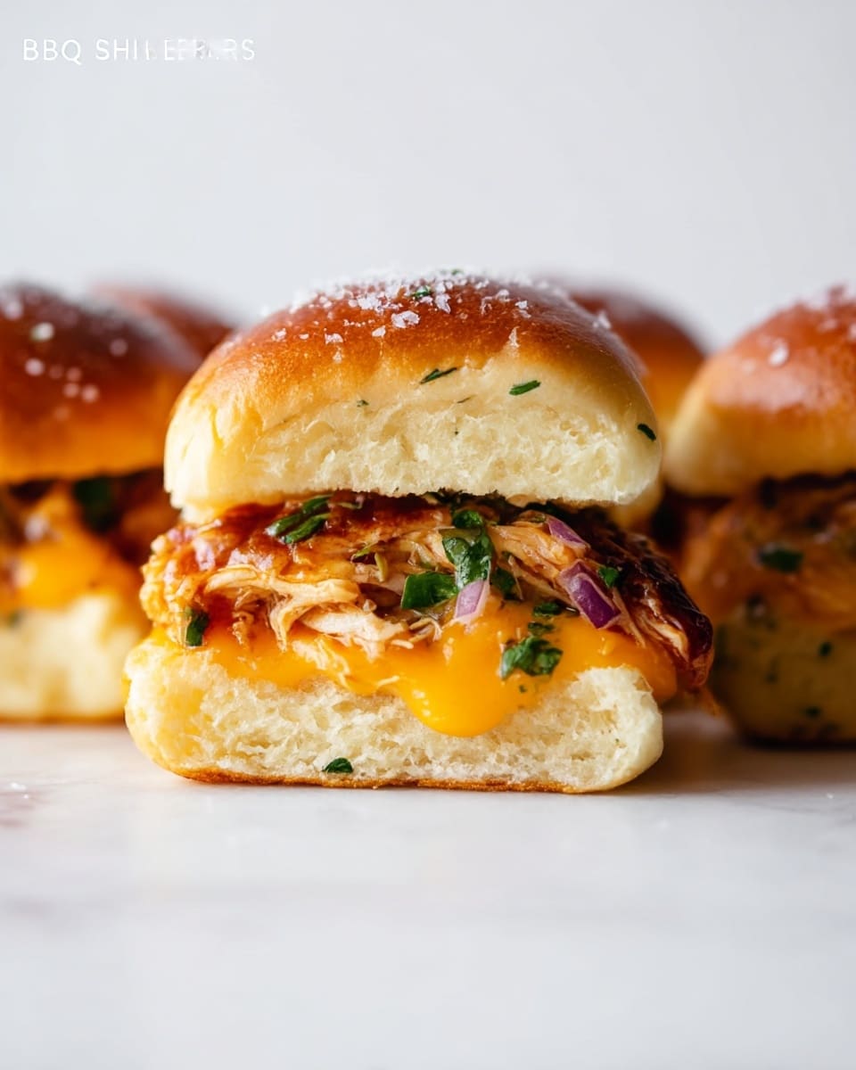 A close-up of a BBQ chicken slider shows three layers: the top layer is a soft golden bun with herbs and a light sprinkling of white salt, the middle layer consists of glossy, shredded BBQ chicken mixed with green herbs and small pieces of red onion, with melted bright orange cheddar cheese, and the bottom layer is a soft bun similar to the top, slightly toasted. The slider rests on other similar sliders with the same dark golden buns sprinkled with white salt, all placed on a white marbled surface. The background is plain and light, creating a clean and fresh look. Photo taken with an iphone --ar 4:5 --v 7