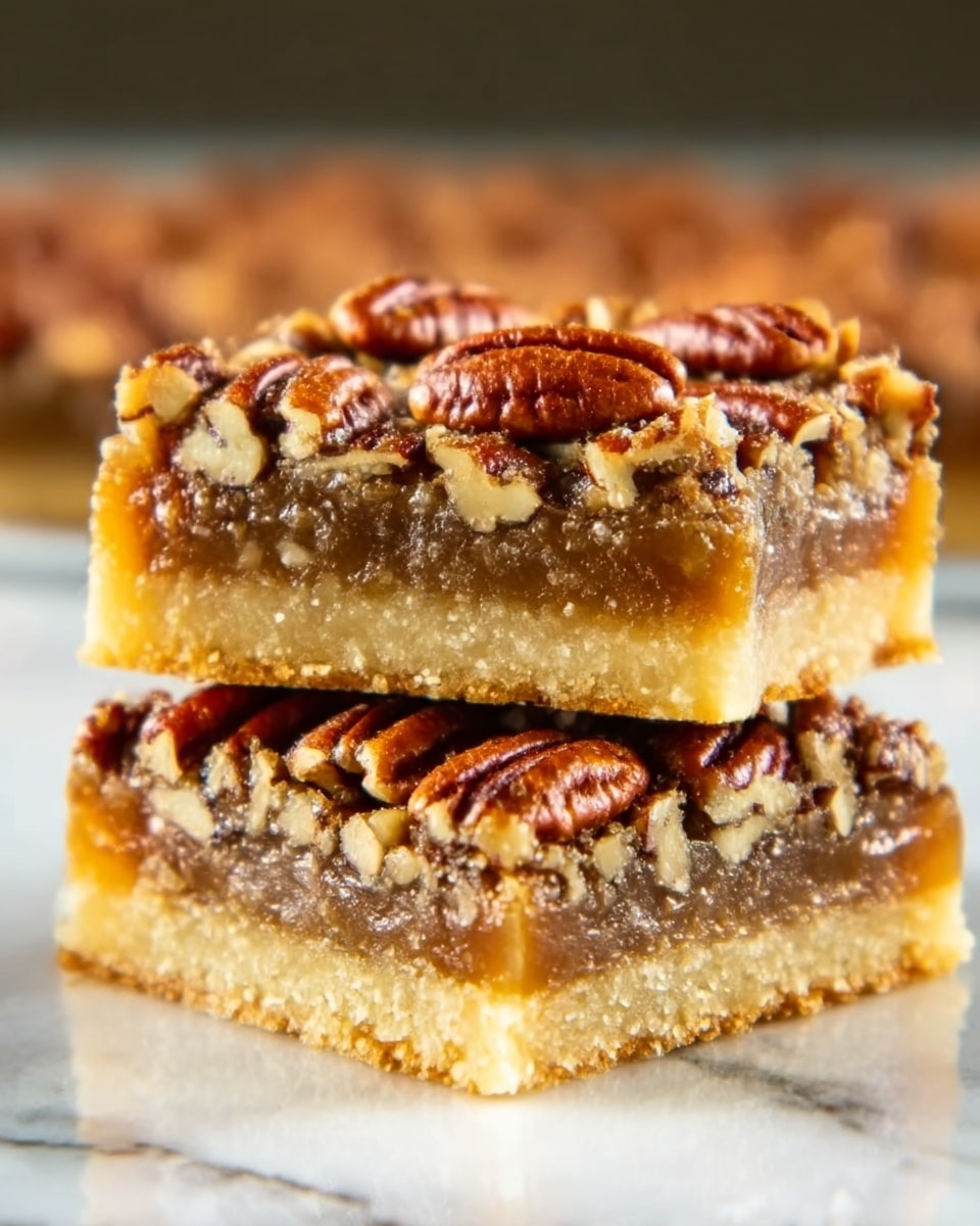 The image shows two square dessert bars stacked on top of each other on a white marbled surface. Each bar has three layers: a bottom layer of light golden crumbly crust, a middle layer of thick, gooey caramel with a glossy texture, and a top layer covered with whole and chopped pecans in a rich brown color, giving a crunchy look. The pecans are evenly spread and slightly shiny, showing they are coated with caramel. The background is softly blurred, focusing on the detailed texture of the bars. photo taken with an iphone --ar 4:5 --v 7