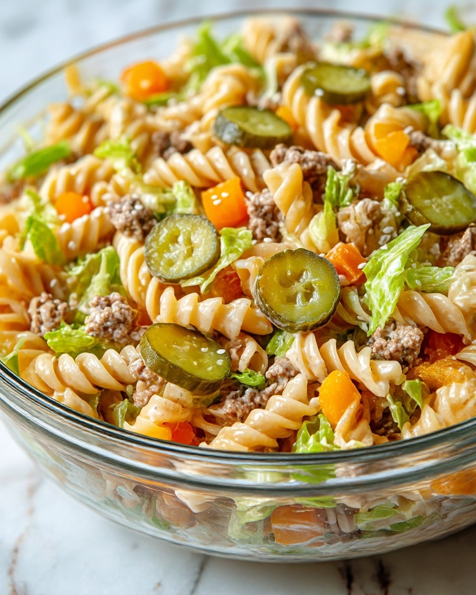 A close-up of a white bowl filled with creamy pasta salad made with spiral rotini noodles, small browned ground meat bits, chopped green leafy pieces, diced orange and yellow bell peppers, and whole slices of green pickles topped with sesame seeds; the pasta is coated with a light creamy dressing, and the colors contrast well against the clear white bowl sitting on a white marbled surface. photo taken with an iphone --ar 4:5 --v 7