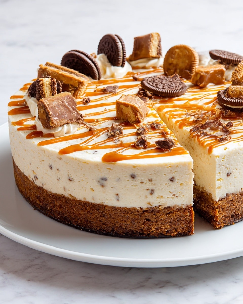 This image shows a three-layered dessert on a white plate with a white marbled surface background. The bottom layer is a thick, dense brown crust with a textured surface. Above it is a creamy off-white middle layer that is smooth and thick. The top layer is a smooth, creamy white layer decorated with thin orange caramel thread-like swirls spread across the surface. On top of the caramel threads are scattered pieces of chopped chocolate candy bars and small round sandwich cookie halves, giving the dessert a colorful, textured look. Photo taken with an iphone --ar 4:5 --v 7