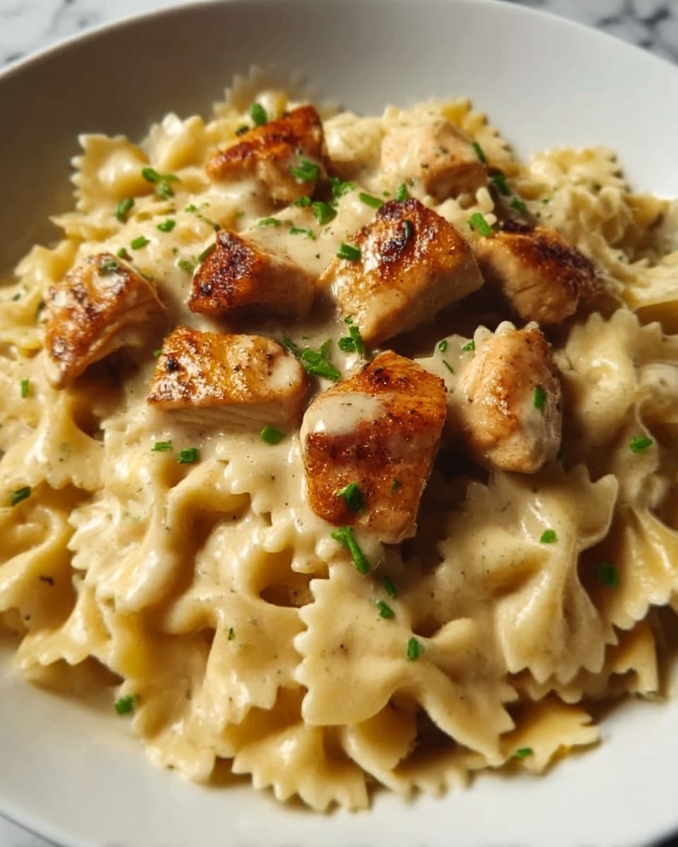 The image shows a close-up of a white plate filled with bow-tie pasta, coated in a creamy, light-colored sauce. On top of the pasta are pieces of golden-brown cooked chicken, cut into bite-sized cubes. Small bits of green garnish, likely chopped herbs, are scattered over the chicken and pasta, adding a touch of color. The sauce has a smooth, slightly shiny texture, and the chicken pieces appear tender with a lightly seared surface. The background is a white marbled texture. Photo taken with an iphone --ar 4:5 --v 7
