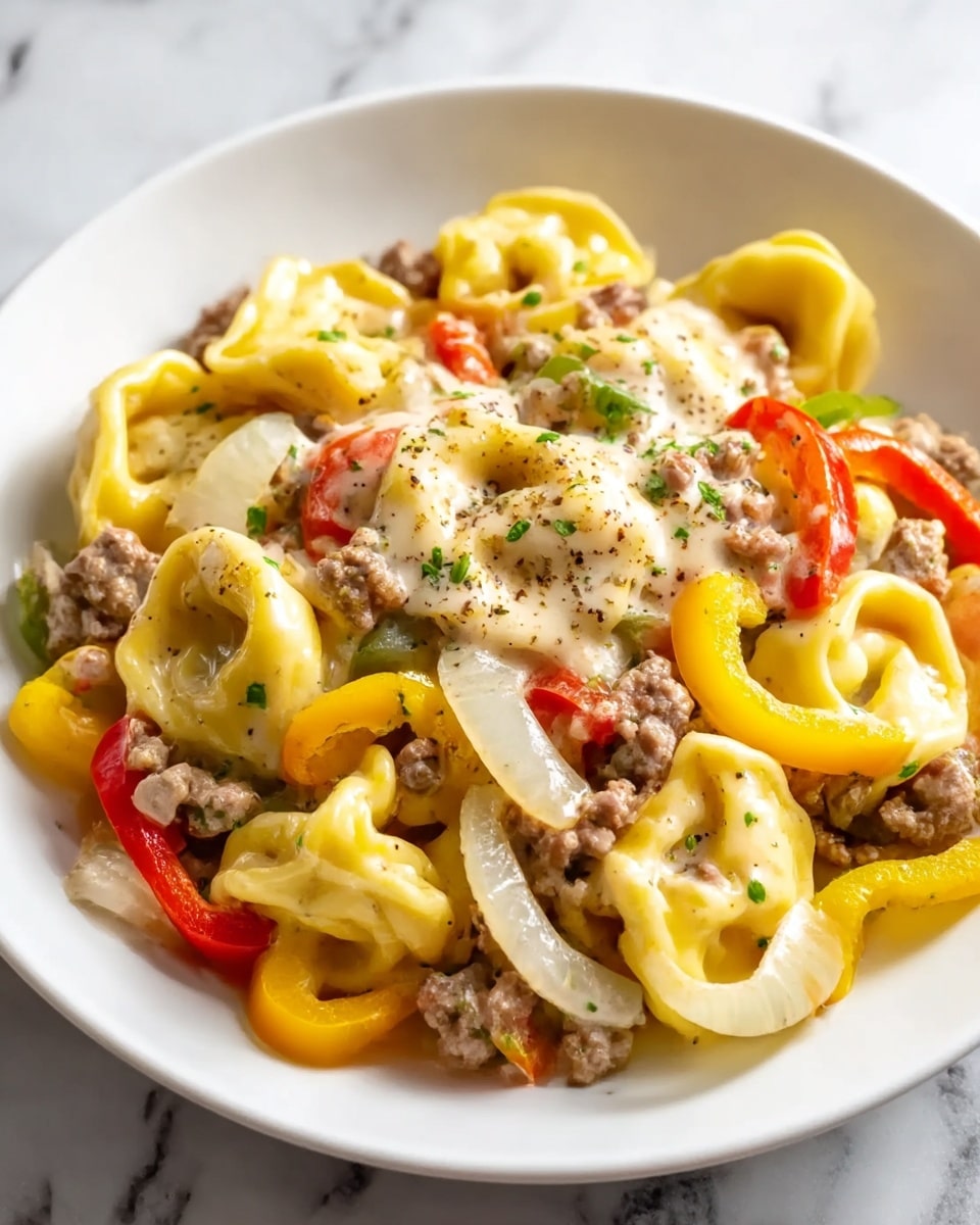 A white plate holds a colorful dish with three main layers: the top layer is small yellow tortellini pasta, each piece having a smooth and slightly shiny texture; the middle layer consists of bits of cooked ground meat with a brownish color mixed with thin, translucent rings of sautéed onions and mild green pepper strips; the bottom layer shows slices of red and yellow bell peppers adding bright colors around the edges; the whole dish is lightly sprinkled with ground pepper and finely chopped green herbs, sitting on a white marbled surface with a soft fabric napkin partially visible at the side. photo taken with an iphone --ar 4:5 --v 7