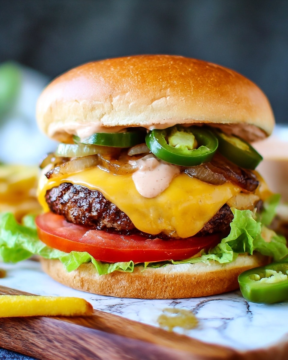 A close-up view of a cheeseburger with five layers starting from the bottom: fresh green leaf lettuce, bright red tomato slice, a thick grilled beef patty topped with melted yellow cheddar cheese, golden-brown grilled onions, and green pickled jalapeño slices, all covered with a creamy light orange sauce dripping slightly, held together by a soft, golden-brown burger bun on top. The burger is placed on a wooden board with scattered grilled onions and a single French fry, all set against a white marbled textured background. Photo taken with an iphone --ar 4:5 --v 7