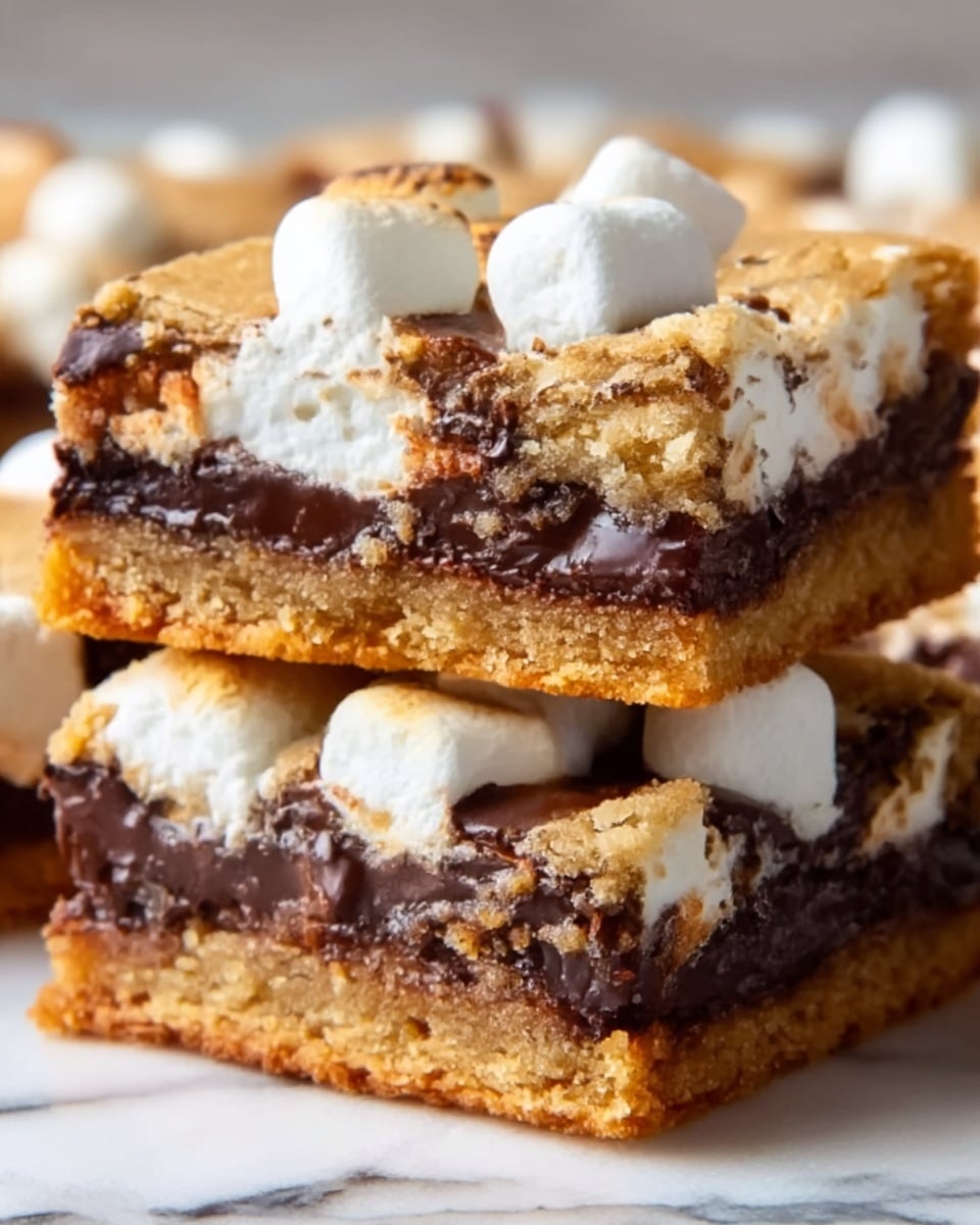 The image shows a close-up of two stacked square cookie bars with three visible layers. The bottom layer is a golden-brown thick cookie crust with a slightly crumbly texture. The middle layer is melted dark chocolate, smooth and shiny, spread evenly. The top layer has white marshmallow pieces that appear soft and fluffy, slightly melted into the chocolate layer beneath. The cookie bars rest on a white marbled surface. Photo taken with an iphone --ar 4:5 --v 7