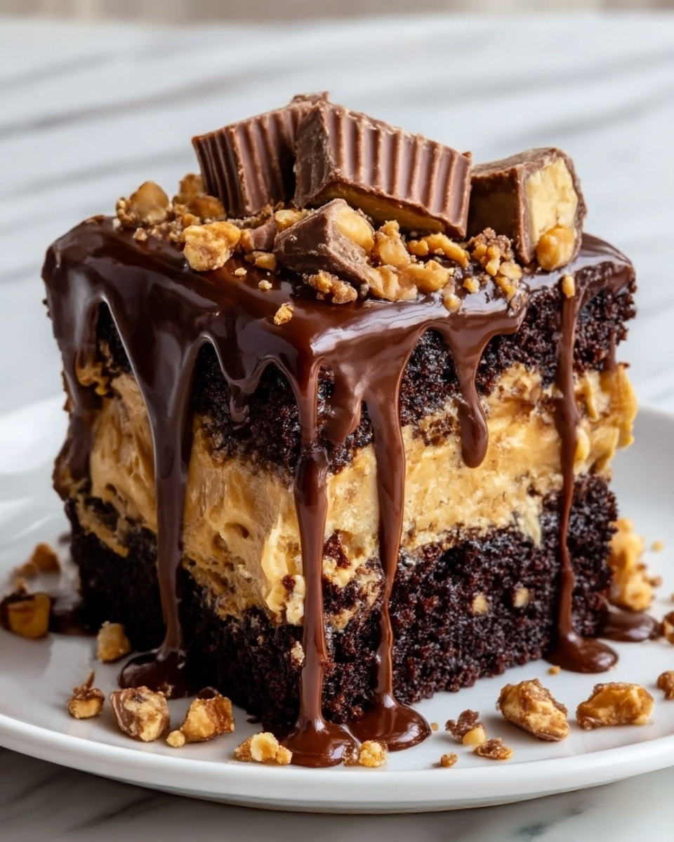 A rich dessert square is shown with three main layers: the bottom and top layers are dark, moist chocolate cake with a slightly crumbly texture, while the middle layer is thick and creamy peanut butter filling with a smooth, dense look. The entire cake is covered by a shiny, thick chocolate ganache dripping down the sides, creating a glossy, smooth finish. On top, there are small chunks of peanut butter cups and crushed peanut brittle pieces scattered, adding a crunchy texture and golden brown color contrast. The dessert is placed on a white plate, set on a white marbled surface. Photo taken with an iphone --ar 4:5 --v 7