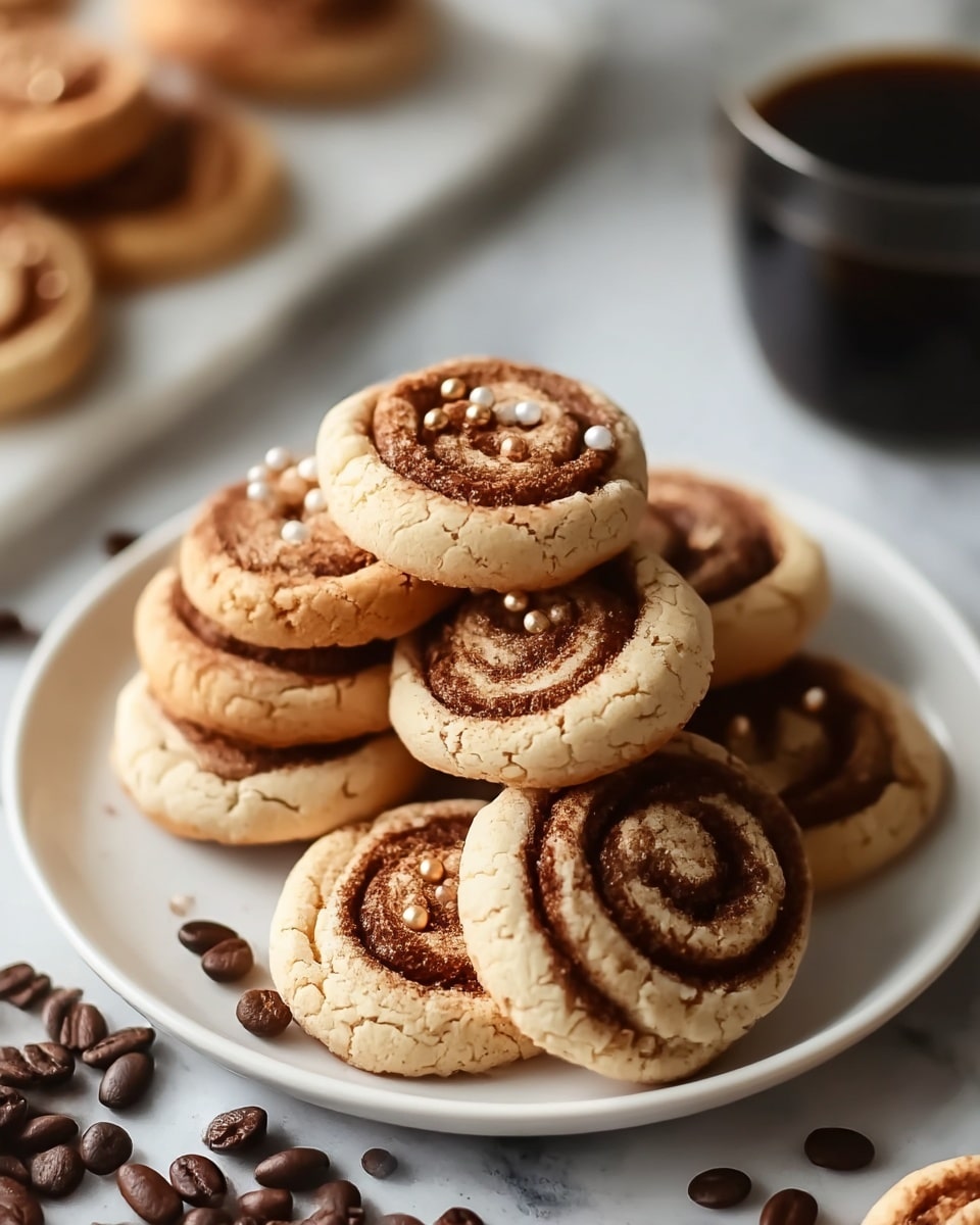 The image shows a pile of seven swirled cookies shaped like roses on a white plate. Each cookie has multiple layers of beige dough with a dusting of cocoa powder on top, giving a slightly darker brown swirl effect. The texture of the cookies looks light and crumbly with visible cracks around the edges. Small shiny gold and white sugar beads are scattered on the cookies for decoration. Whole coffee beans are scattered on the white marbled surface around the plate, adding a dark brown contrast. A cup of black coffee is partly visible in the upper left corner. photo taken with an iphone --ar 4:5 --v 7