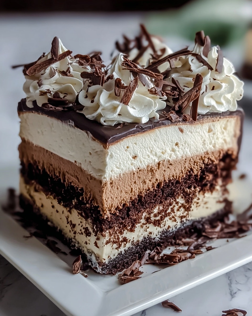 A slice of layered chocolate cake sits on a white square plate over a white marbled surface. The cake has five layers: the bottom layer is dark, moist chocolate cake; above it is a thick, light cream layer; the middle is another chocolate cake layer followed by a thick cream layer; the top layer is smooth, dark chocolate ganache. On top, there are white whipped cream swirls decorated with thin, curly dark chocolate shaves scattered around the plate and on the cream. The textures show soft cake and fluffy cream, with the chocolate shaves adding a slight rough texture. Photo taken with an iphone --ar 4:5 --v 7