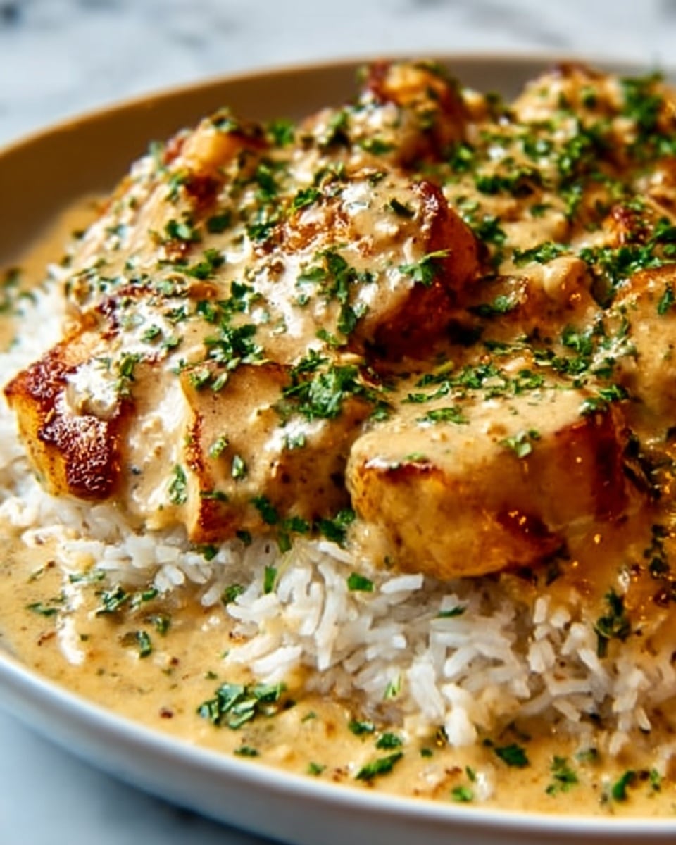 The image shows a close-up of a dish with white rice at the bottom layer, topped with pieces of golden-brown cooked chicken. The chicken pieces are covered with a creamy light brown sauce that has small green herb pieces sprinkled on top, adding a fresh touch. The sauce looks smooth and thick, spreading over the chicken and rice. The whole dish rests on a white plate placed on a white marbled surface. photo taken with an iphone --ar 4:5 --v 7
