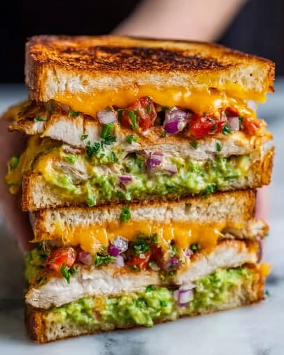 The image shows a tall sandwich cut in half, stacked with three thick layers of toasted bread that is golden brown with a slightly crisp texture. Between the bread layers, there are slices of grilled chicken with a white and slightly charred surface, melted bright orange cheddar cheese that oozes slightly, fresh green guacamole spread thickly, and a mix of diced red onions and tomatoes adding specks of purple and red. The sandwich is held together on a white marbled surface, and a woman's hand is gently holding the sandwich from the bottom, showing the layers well. Photo taken with an iphone --ar 4:5 --v 7