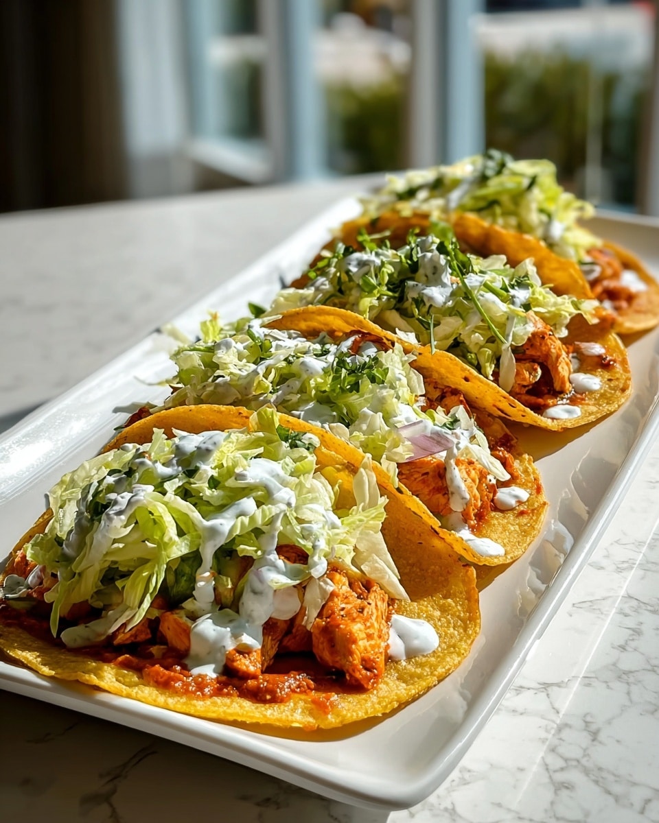 There are three tacos lined up on a white plate placed on a white marbled surface. Each taco has a crispy, golden-yellow corn tortilla as the base, with a layer of grilled, orange-colored chicken pieces on top. The chicken is covered with fresh, shredded green lettuce mixed with small bits of carrot and topped with a drizzle of creamy white sauce. Small green cilantro leaves are also sprinkled within the lettuce. The bright colors and textures make the tacos look very fresh and tasty. Photo taken with an iphone --ar 4:5 --v 7