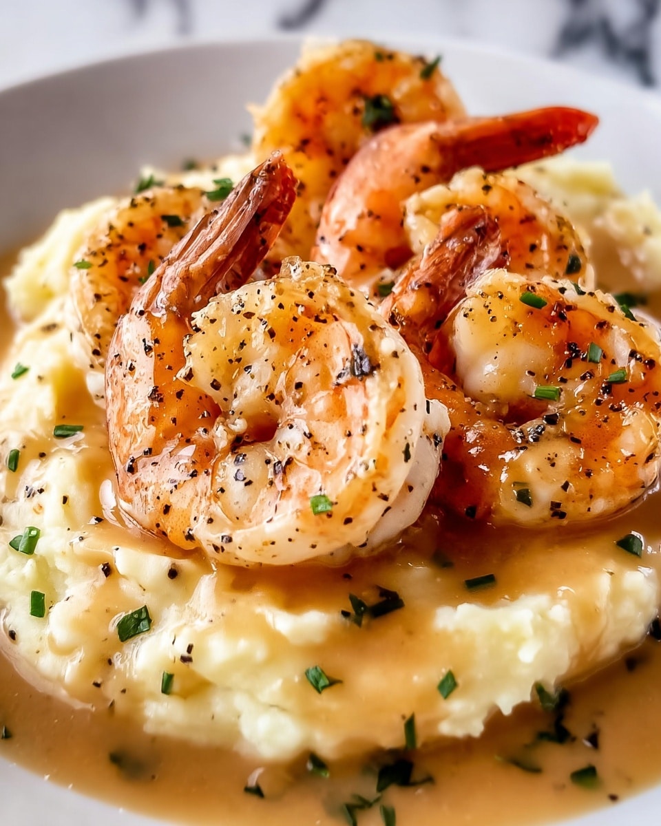 The dish shows a close-up of five cooked shrimp arranged in a loose circle on top of a smooth, creamy layer of mashed potatoes. The shrimp are orange-pink with a lightly charred texture and are sprinkled with finely chopped green herbs. A light brown creamy sauce covers the mashed potatoes and partially coats the shrimp. The food is on a white plate, placed on a white marbled surface. photo taken with an iphone --ar 4:5 --v 7