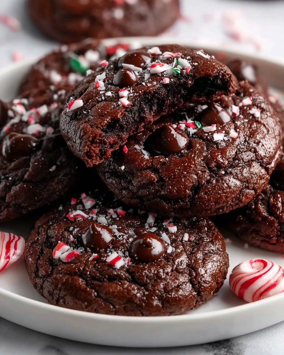 The image shows multiple thick dark brown chocolate cookies with a cracked texture, each topped with shiny melted chocolate chips and small crushed pieces of white and red peppermint candy, giving a festive look. One cookie in the center has a bite taken out, revealing a moist and gooey dark chocolate inside. The cookies sit closely together on a white plate placed on a white marbled surface, with a small whole candy cane near the foreground adding a touch of color. The image focuses on the rich texture and festive toppings, capturing the warm, soft feel of the cookies. photo taken with an iphone --ar 4:5 --v 7