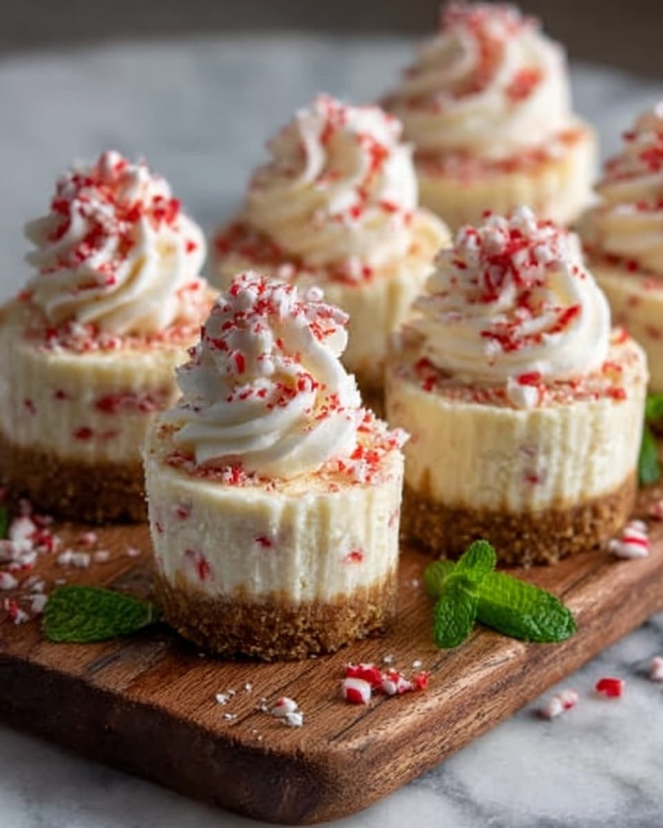 A close-up view of six mini cheesecakes arranged on a wooden board placed on a white marbled surface. Each cheesecake has three layers: a thick, crumbly light brown crust at the bottom, a smooth creamy white cheesecake layer in the middle with small red bits scattered inside, and a swirl of white whipped cream on top, sprinkled with crushed red and white candy pieces. Some mint leaves are placed on the wooden board for decoration. The photo taken with an iphone --ar 4:5 --v 7