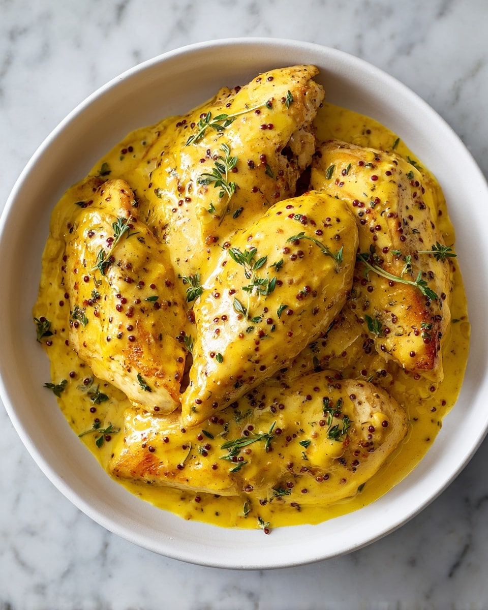 The image shows a white dish filled with several pieces of golden-brown cooked chicken breasts covered in a thick, creamy yellow mustard sauce with visible mustard seeds and a glossy texture. Small green herb sprigs are scattered on top for garnish. The dish sits on a white marbled surface. photo taken with an iphone --ar 4:5 --v 7