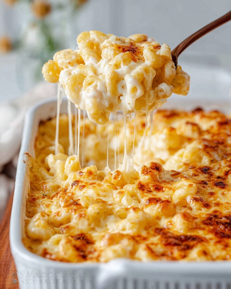 A close-up of creamy mac and cheese in a white baking dish, showing gooey melted cheese stretched as a spoon lifts a serving. The dish has two clear layers: a bottom layer of soft, elbow-shaped pasta in a creamy pale yellow sauce, and a top layer of golden-browned, bubbly cheese with some light brown spots, giving a slightly crispy texture. The background is a white marbled surface, and the focus is on the rich, stretchy cheese and creamy pasta. Photo taken with an iphone --ar 4:5 --v 7