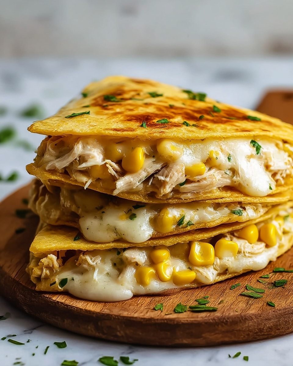 Two folded flatbreads stacked on a wooden board are shown close up. Each flatbread is golden brown with crispy spots on top and has chopped green herbs sprinkled on it. Inside, there are two visible layers of filling: a creamy white melted cheese layer on the bottom and a mix of shredded chicken and bright yellow corn kernels on top. The fillings spill out slightly from the sides, showing a soft and gooey texture. The background includes a yellow and white checkered cloth and a blurred olive oil bottle, with the overall setting on a white marbled texture. Photo taken with an iphone --ar 4:5 --v 7