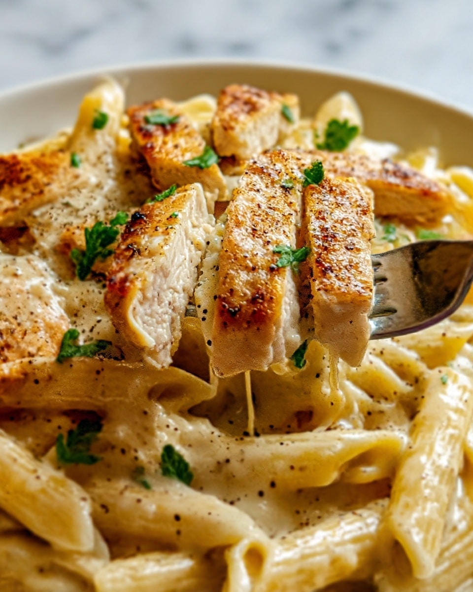 The image shows a close-up view of creamy pasta with grilled chicken pieces. The pasta is coated in a smooth, cheesy sauce that is light yellow in color and soft in texture. On top and mixed within the pasta are slices of golden-brown grilled chicken, with a slightly crispy surface and a few places showing grill marks. Small green parsley leaves are sprinkled over the dish, adding a fresh contrast. The whole dish rests on a white plate, placed on a white marbled surface. Photo taken with an iphone --ar 4:5 --v 7