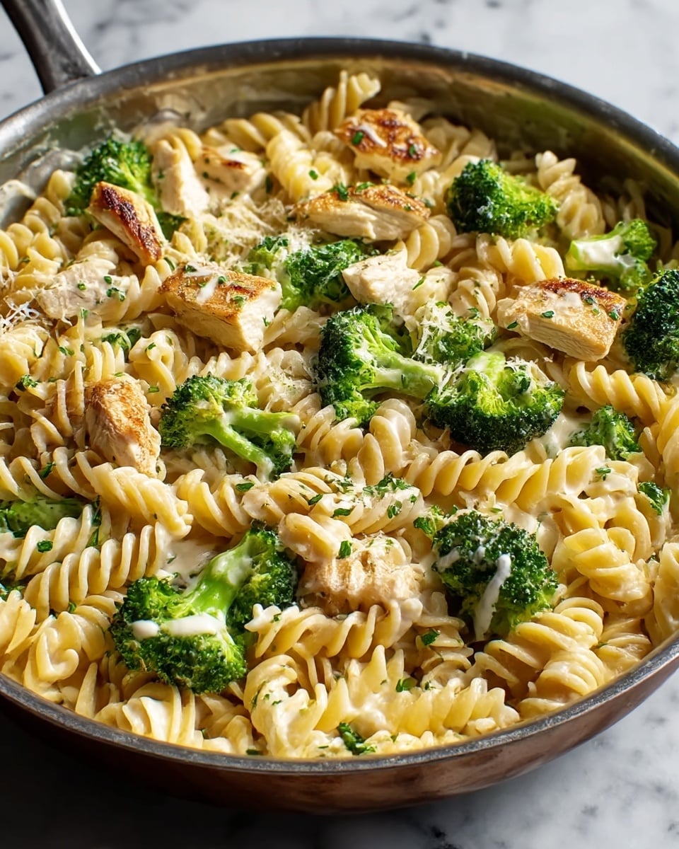 A close-up of a pan filled with rotini pasta, cooked broccoli florets, and grilled chicken pieces, all mixed in a creamy white sauce with small green herb flecks sprinkled on top. The rotini pasta is light yellow with a smooth texture, the broccoli is vibrant green with a slightly rough surface, and the chicken chunks show light golden brown grill marks. The mix is evenly spread inside a silver pan placed on a white marbled surface. Photo taken with an iphone --ar 4:5 --v 7
