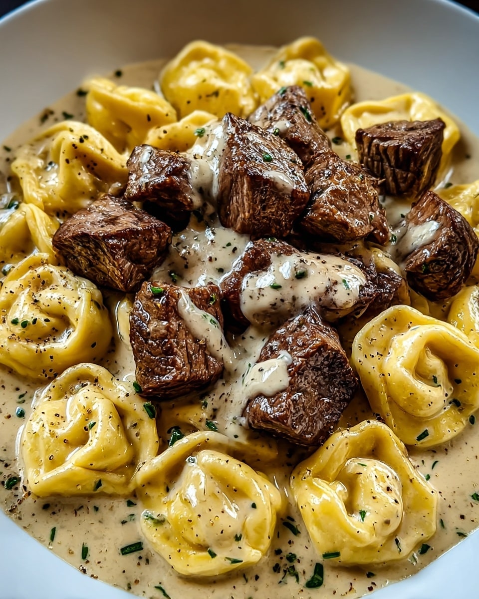A dish served on a white plate shows a base layer of creamy light beige sauce with a thick texture, covering the whole plate. On top of the sauce, there is a layer of golden yellow tortellini pasta scattered evenly around the plate. The top layer is made up of medium-sized pieces of dark brown grilled meat placed over the pasta. The dish is garnished with small green herb bits and a sprinkle of black pepper. The light reflects off the sauce, giving a shiny appearance. The background is a white marbled texture. Photo taken with an iphone --ar 4:5 --v 7