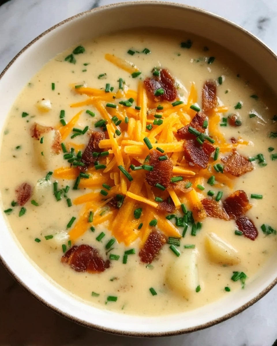The image shows a bowl of thick, creamy soup with a pale yellow color. The soup has pieces of boiled potato floating near the surface. On top, there is a layer of shredded orange cheese and small chunks of browned bacon scattered around. Bright green chopped chives add a fresh pop of color. The soup appears rich and smooth with small black pepper specks sprinkled over it. The bowl is white, sitting on a white marbled surface. Photo taken with an iphone --ar 4:5 --v 7