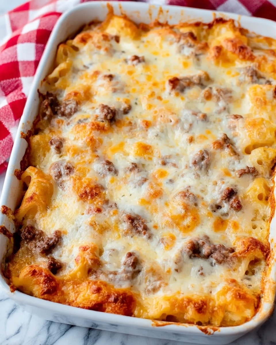 The image shows a close-up view of a baked dish in a white ceramic rectangular tray. The dish has multiple layers, starting with a bottom layer of cooked pasta or dough, topped with a thick layer of browned ground meat mixed with small bits of sauce. This is covered by a rich, creamy white cheese sauce that is browned and slightly bubbly on top, creating a textured surface with uneven golden spots. The tray is set on a white marbled surface, and a red and white checkered cloth is partially visible beside it, adding a cozy, homey feel. Photo taken with an iphone --ar 4:5 --v 7