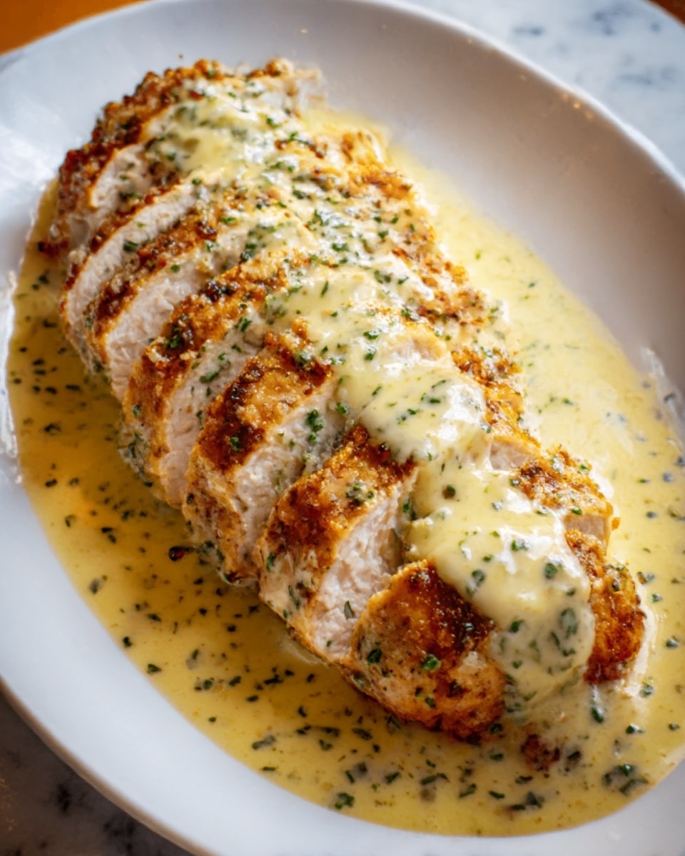 The image shows a white plate with sliced grilled chicken breast placed in a single row. The chicken has a golden brown, slightly crispy crust with visible grill marks, and the inside is white and juicy. A creamy yellow sauce with green herb pieces is poured evenly over the center of the chicken slices, spreading onto the plate around the chicken. The plate rests on a white marbled surface. photo taken with an iphone --ar 4:5 --v 7
