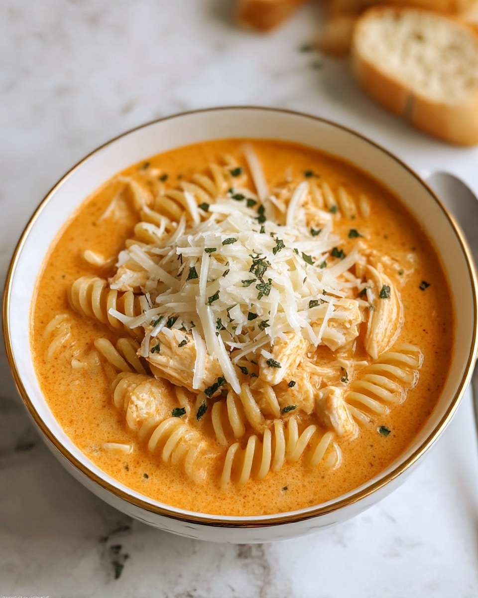 A white bowl with a thin gold rim is filled with a creamy orange soup containing small twisted pasta and chunks of cooked chicken. The soup has a smooth, thick texture with visible herbs sprinkled throughout. On top, there is a pile of shredded white cheese partially melting into the hot soup, creating a rich layer. In the background, slices of rustic bread sit on a white marbled surface, with a green herb visible on the side. Photo taken with an iphone --ar 4:5 --v 7