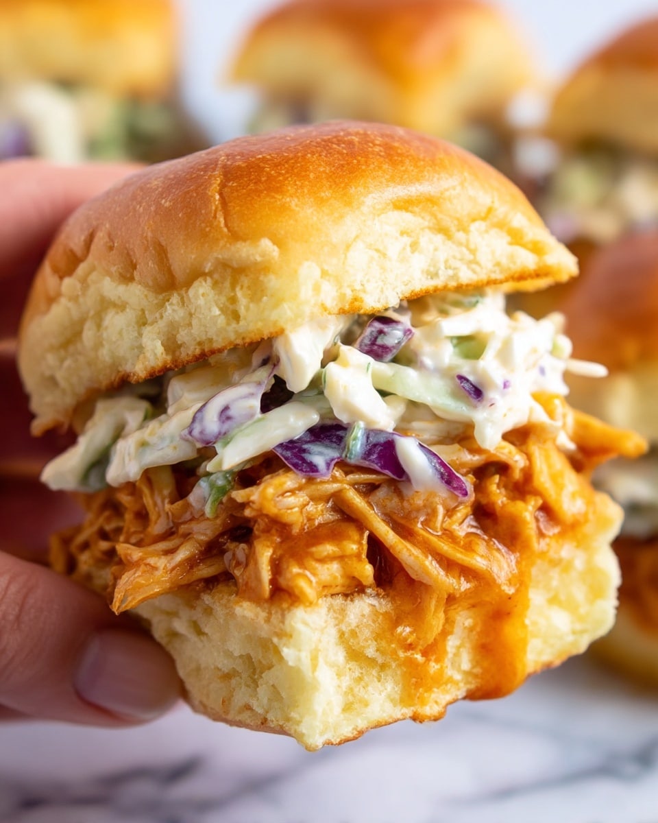 This is a close-up view of a slider sandwich held by a woman's hand showing three main layers. The top layer is a golden-brown, soft-looking slider bun with a shiny surface and small green herb sprinkles. Beneath it is a layer of creamy coleslaw made of white cabbage and purple cabbage with thin carrot strips mixed in. The bottom layer features tender, shredded chicken coated in a rich orange barbecue sauce, sitting on a soft white slider bun base. The sandwich sits against a white marbled background. photo taken with an iphone --ar 4:5 --v 7