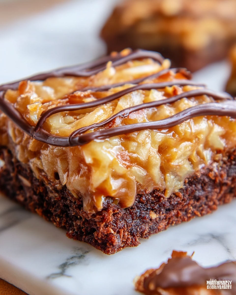 This image shows a close-up of a rich, moist, two-layer dessert bar on a white marbled surface. The bottom layer is a dark, fudgy chocolate base with a dense, cake-like texture. The top layer is a sticky, golden-brown mixture with shredded coconut and a glossy caramel sauce coating, creating a slightly chunky texture. Drizzled over the top are two wavy lines of dark chocolate, adding a smooth, shiny contrast. The dessert is cut into a square shape with some toasted coconut pieces scattered around it. Photo taken with an iphone --ar 4:5 --v 7