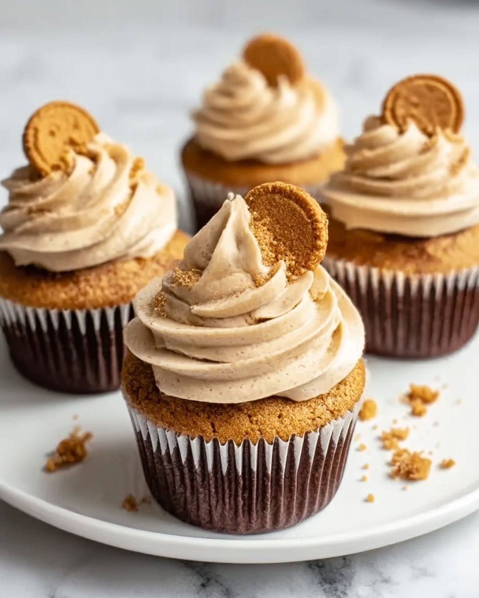 The image shows four cupcakes placed on a white plate with a white marbled surface underneath. Each cupcake has a dark brown paper liner and a light golden-brown cake base. On top is a thick swirl of light beige frosting with a smooth, creamy texture, finished with a small, triangular cookie piece standing upright in the center. Crumbs are scattered lightly around some of the cupcakes on the plate. The lighting is soft and natural, highlighting the creamy frosting and the texture of the cookie pieces. Photo taken with an iphone --ar 4:5 --v 7