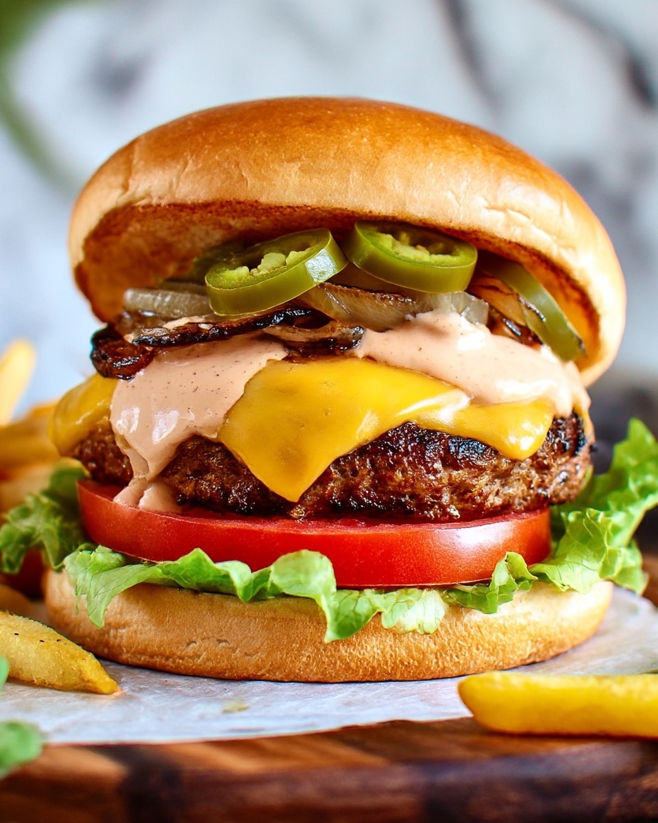 A close-up of a cheeseburger placed on a wooden board with a white marbled texture background. The burger has six visible layers: a golden brown soft top bun sitting above creamy pink sauce with grilled onions and green jalapeño slices on top; a melted bright yellow cheddar cheese slice over a well-cooked dark brown beef patty; below it a fresh red tomato slice and green leafy lettuce, all held together by a soft golden brown bottom bun. There are also some scattered grilled onions and jalapeños, with a single yellow French fry in the foreground. Photo taken with an iphone --ar 4:5 --v 7