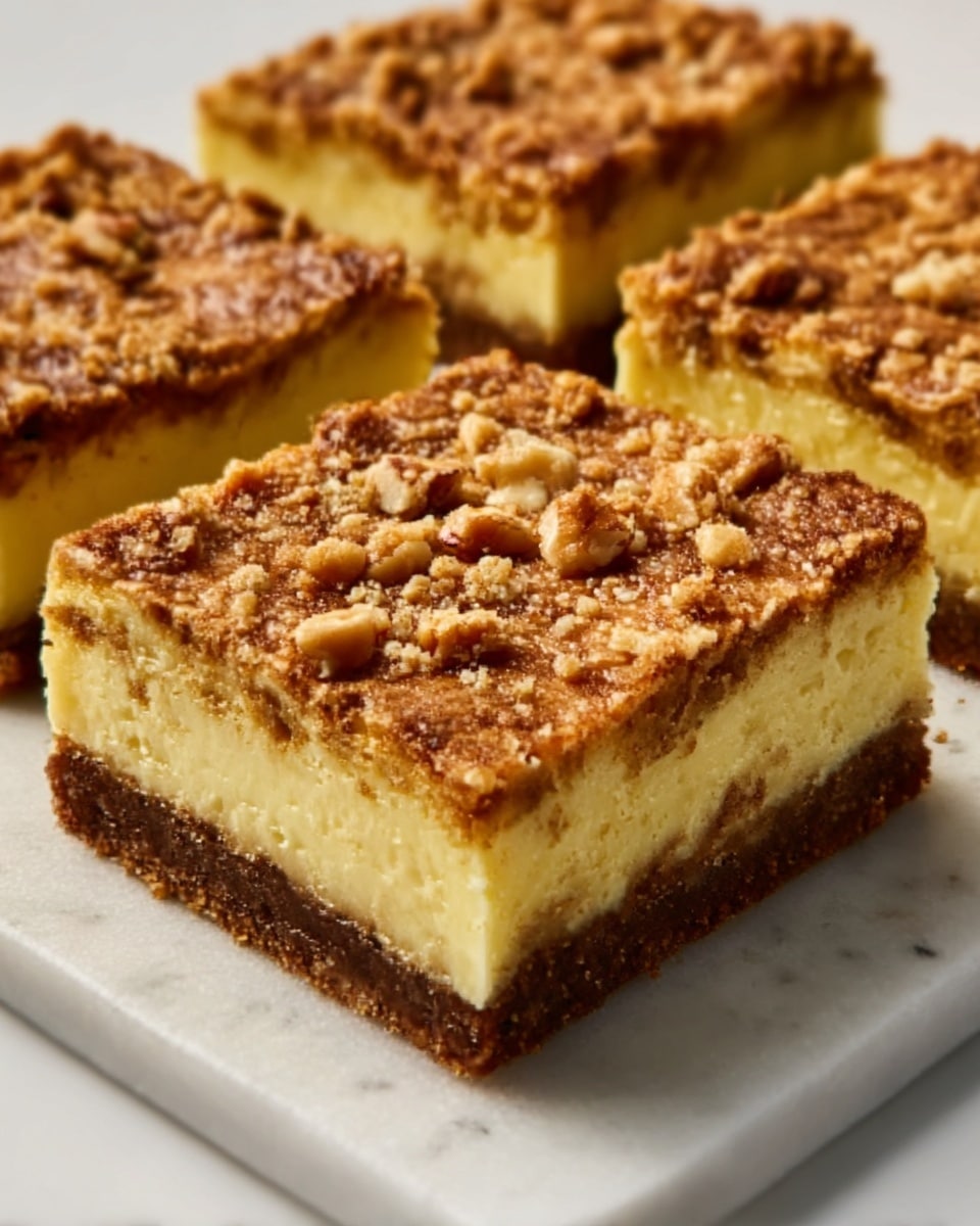 The image shows four pieces of dessert bars on a white tray placed on a white marbled surface. Each bar has three layers: the bottom layer is a light golden crust with a firm texture, the middle layer is a thick, smooth, pale yellow custard, and the top layer is a crumbly, golden-brown streusel with small chunks that give it a textured look. The bars are cut into neat squares, and the lighting highlights the different textures clearly. Photo taken with an iphone --ar 4:5 --v 7