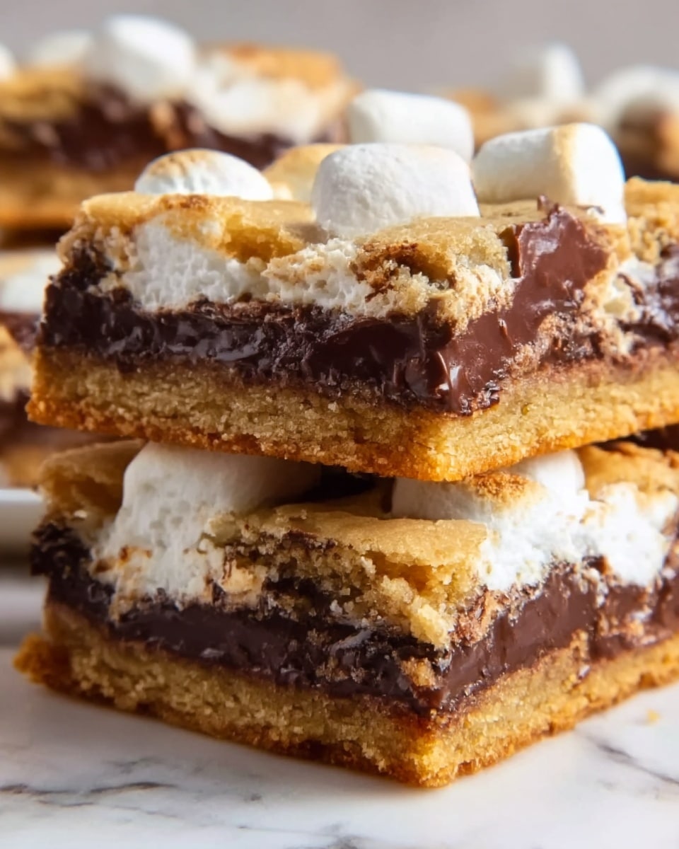 The image shows a stack of three square dessert bars on a white marbled surface, each bar with three layers: the bottom layer is golden brown and crumbly, the middle layer is thick and dark brown with a smooth, melted chocolate texture, and the top layer is fluffy white marshmallow that is slightly melted and soft. The bars are cut cleanly, showing the clear separation of layers, and the overall look is gooey and inviting. photo taken with an iphone --ar 4:5 --v 7