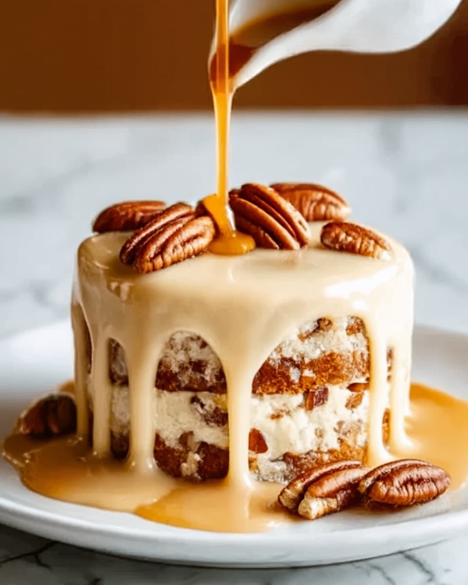 The image shows a small square cake on a white plate with a white marbled surface underneath. The cake has two visible layers filled with pieces of nuts and a light brown filling. The top layer is covered with creamy caramel sauce that is dripping down the sides. On top, there are several whole pecan nuts arranged neatly. A woman's hand is pouring more caramel sauce over the cake, creating a shiny, thick coating. The colors are warm, with light brown, tan, and cream shades dominating the scene. Photo taken with an iphone --ar 4:5 --v 7
