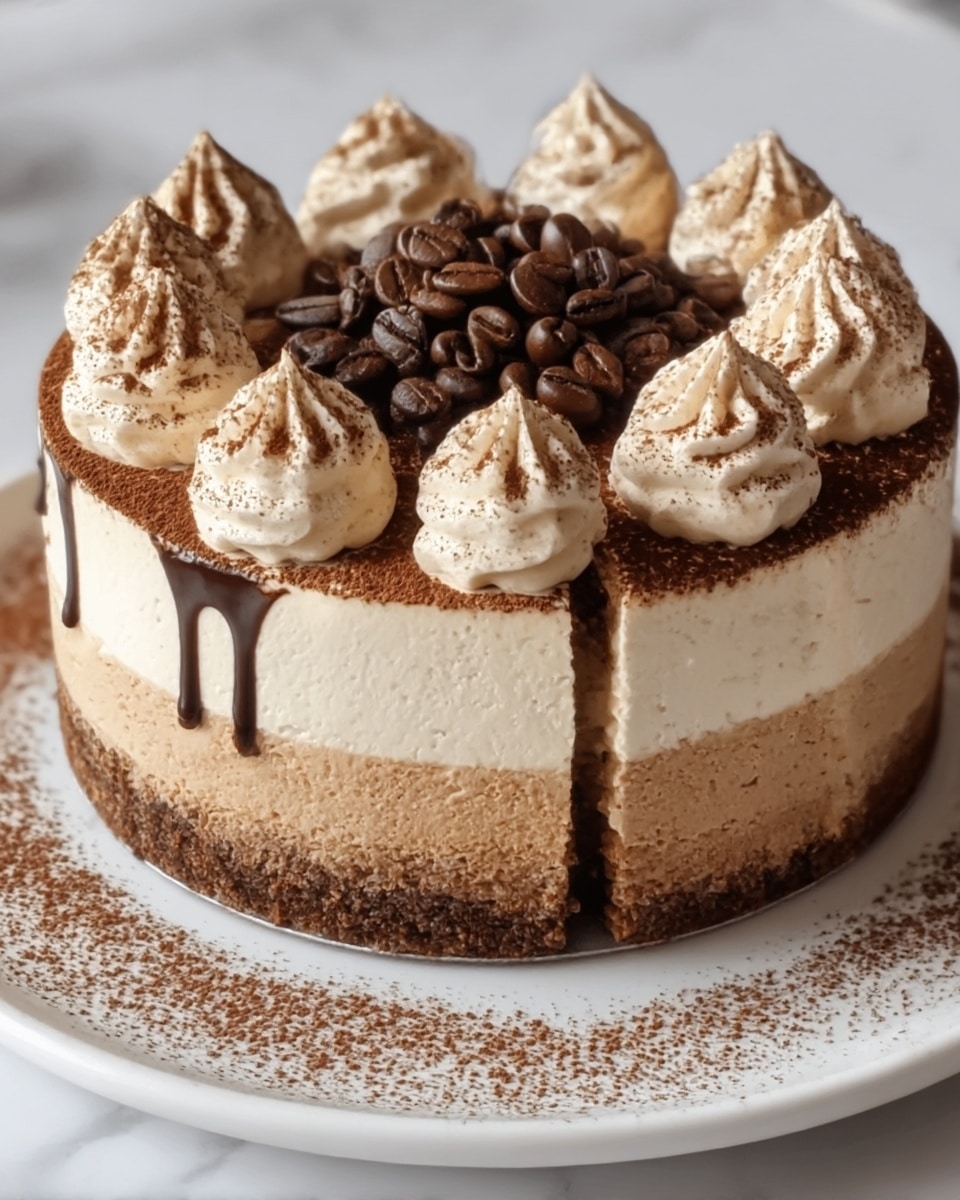 A round coffee-flavored cheesecake with three visible layers on a white plate, placed on a white marbled surface; the bottom layer is a dark brown, crumbly crust, the middle layer is a light brown coffee mousse with a thick drizzle of dark chocolate sauce dripping down, and the top layer is a thick pale cream cheese filling dusted with cocoa powder. The top is decorated with six swirled dollops of light brown cream, each sprinkled with cocoa powder, and a cluster of shiny roasted coffee beans placed in the center of the cake. Some coffee beans are scattered on the plate in front of the cake. photo taken with an iphone --ar 4:5 --v 7