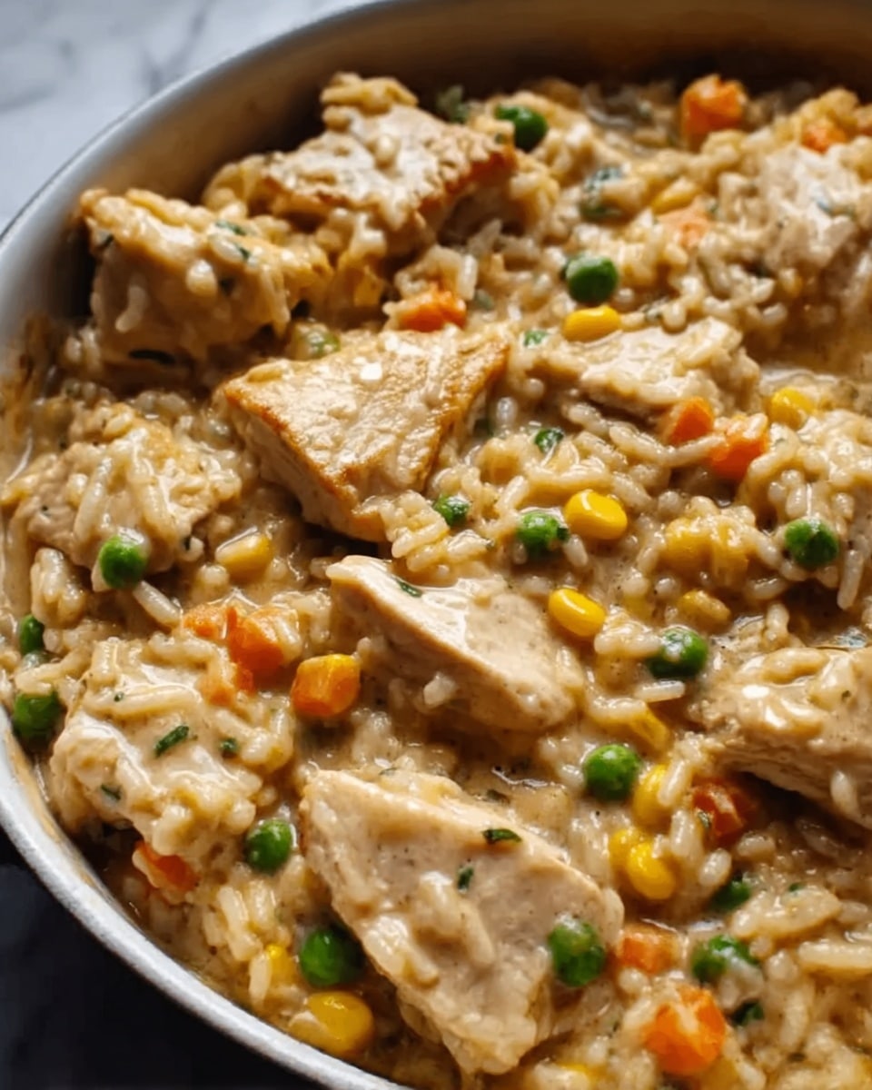 A close-up image of a creamy chicken and rice dish served in a white bowl. The dish has large pieces of light golden brown cooked chicken mixed evenly with soft rice grains coated in a thick creamy sauce. Scattered throughout are small bits of orange carrot, green peas, and yellow corn, adding pops of color. The texture looks rich and smooth with a slightly glossy finish. The white bowl sits on a white marbled surface. Photo taken with an iphone --ar 4:5 --v 7