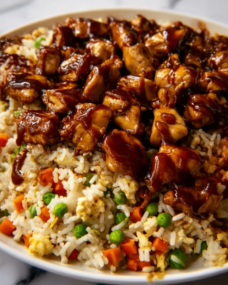 The image shows a white plate filled with a base layer of fried rice mixed with small bits of carrot, peas, and scrambled egg, giving it a colorful appearance of white, orange, green, and yellow. On top of the rice, there is a thick layer of grilled chicken pieces, glazed with a shiny dark brown sauce that looks sticky and sweet. The chicken pieces are spread evenly across the rice, showing a nice contrast between the soft rice and the glossy chicken. The plate rests on a white marbled surface. Photo taken with an iphone --ar 4:5 --v 7
