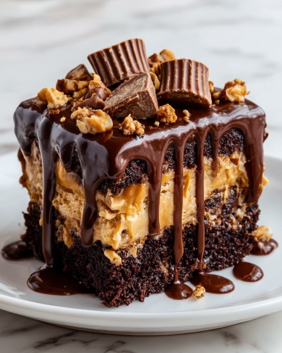The image shows a rich, square layered dessert on a white plate, sitting on a white marbled surface. The bottom layer is dark, moist chocolate cake, followed by a thick, creamy caramel peanut butter filling in the middle. Above this is another layer of the dark chocolate cake. The top is covered with shiny chocolate ganache that drips down the sides, adding a glossy texture. Pieces of crushed peanut butter cups are scattered on top, adding texture and detail. Photo taken with an iphone --ar 4:5 --v 7