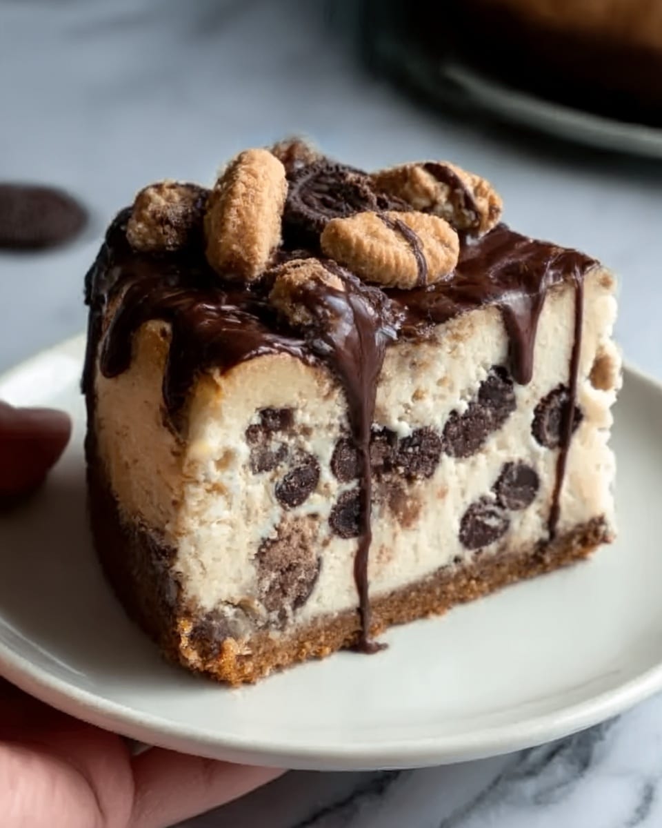 The image shows a tall slice of layered ice cream cake on a white plate. The cake has three visible layers: the bottom layer is dark chocolate with a smooth texture, the middle layer is creamy white with cookie pieces mixed in, and the top layer is a blend of ice cream chunks and cookie dough pieces. The whole cake is covered in a thick, glossy dark chocolate sauce that drips slightly down the sides. On top, there are small chunks of cookie dough and cookie crumbs scattered. The background has a white marbled texture. Photo taken with an iphone --ar 4:5 --v 7